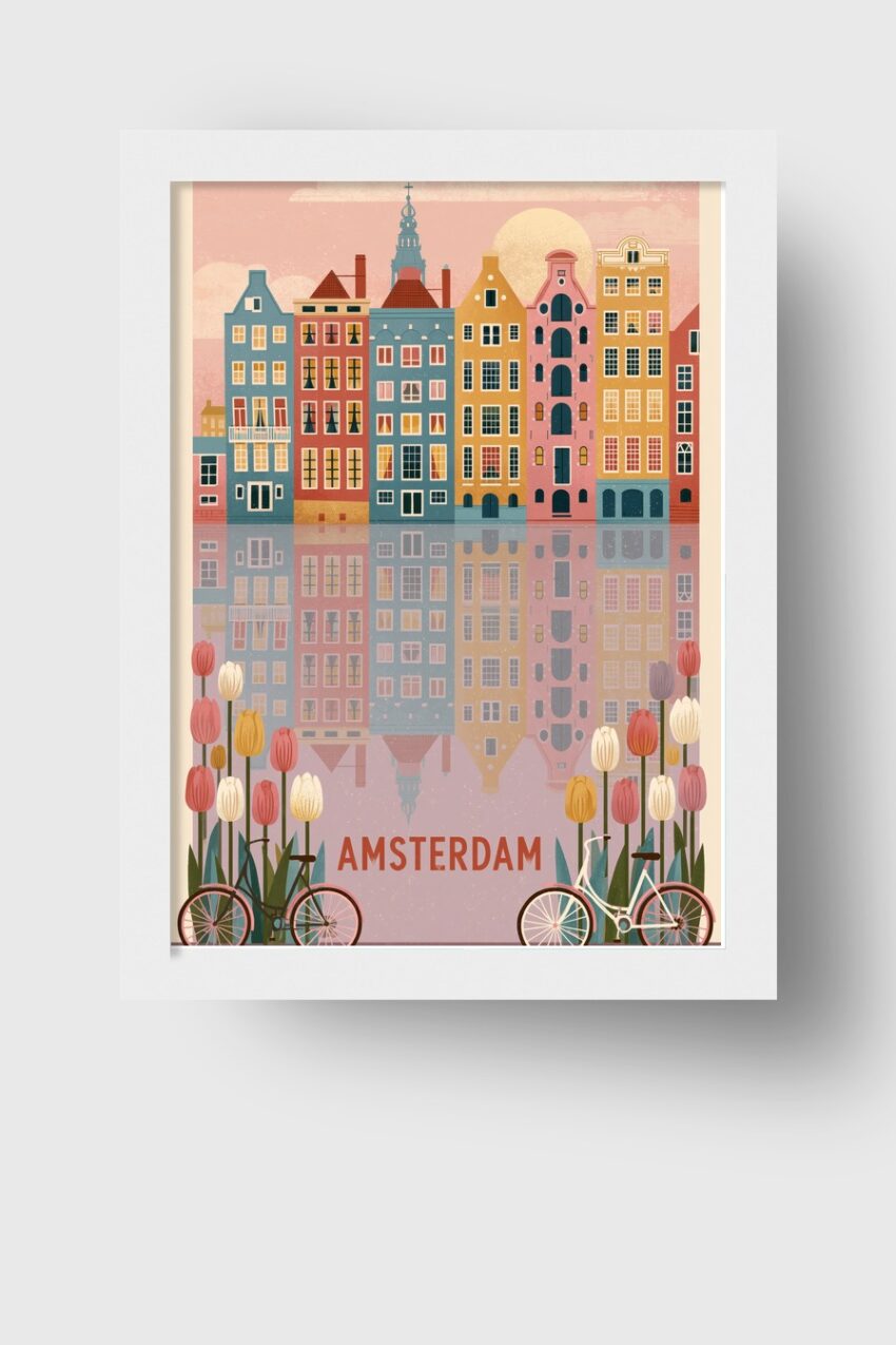 Illustration Poster Amsterdam Tulpen Fahrräder urban farbig