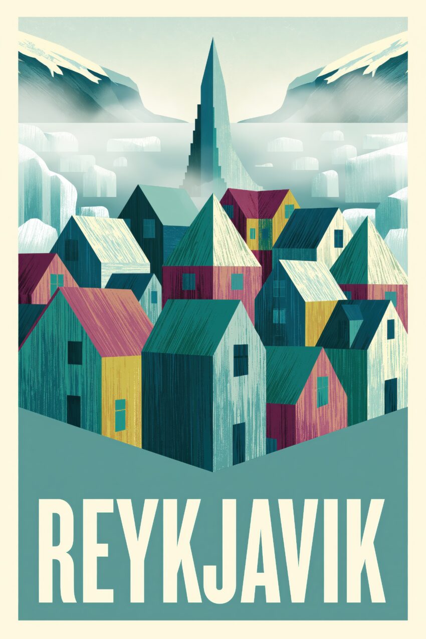 Illustration Poster Reykjavik Häuser bunt nordisch