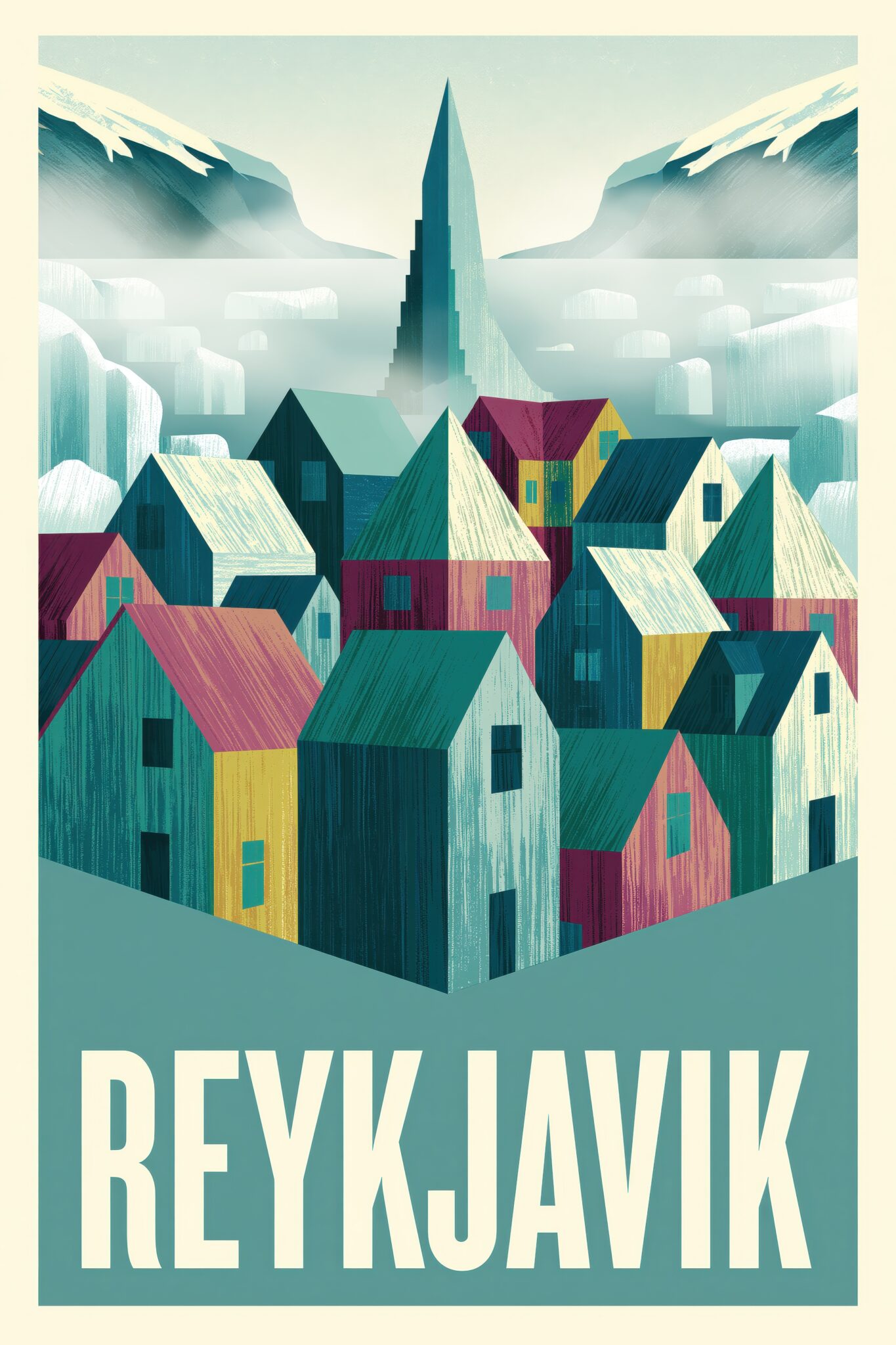 Illustration Poster Reykjavik Häuser bunt nordisch