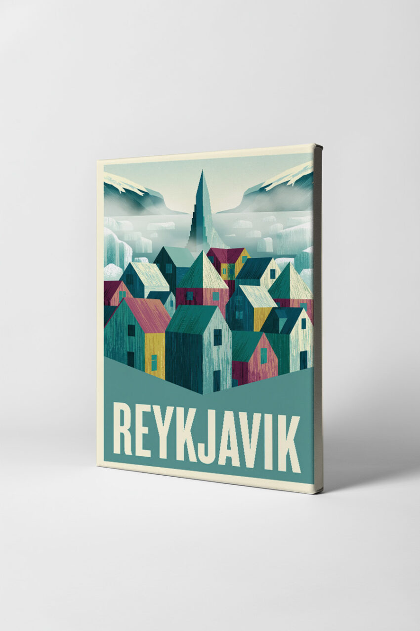 Illustration Poster Reykjavik Häuser bunt nordisch
