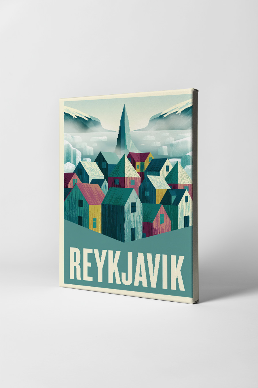 Illustration Poster Reykjavik Häuser bunt nordisch