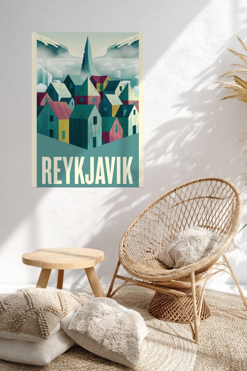 Illustration Poster Reykjavik Häuser bunt nordisch