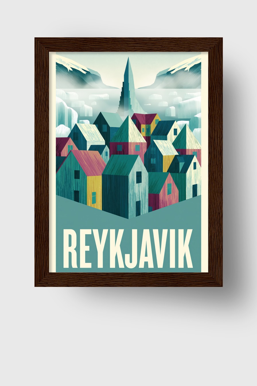 Illustration Poster Reykjavik Häuser bunt nordisch