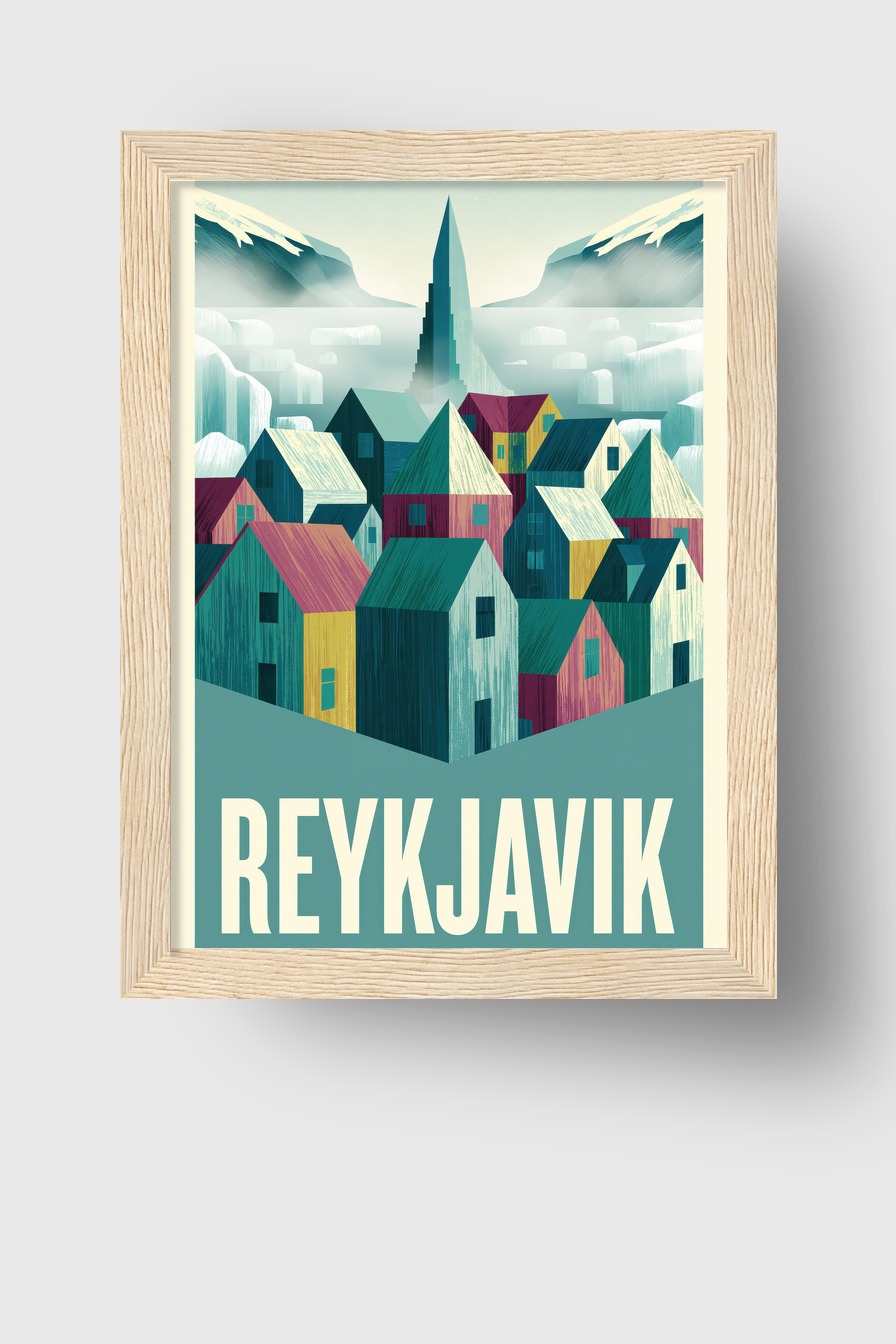 Illustration Poster Reykjavik Häuser bunt nordisch
