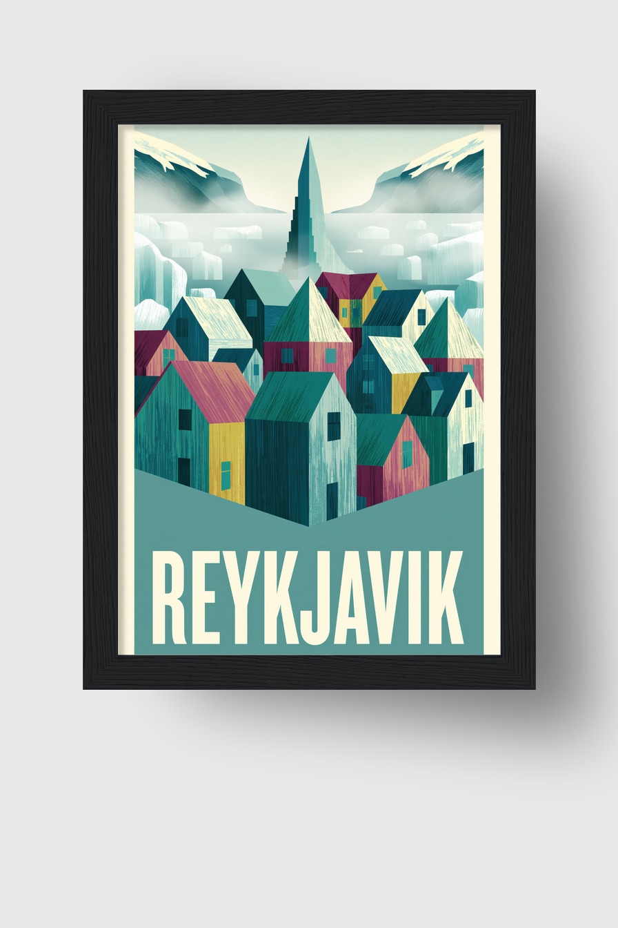 Illustration Poster Reykjavik Häuser bunt nordisch