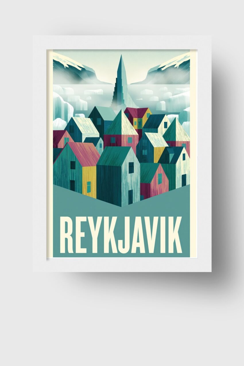 Illustration Poster Reykjavik Häuser bunt nordisch