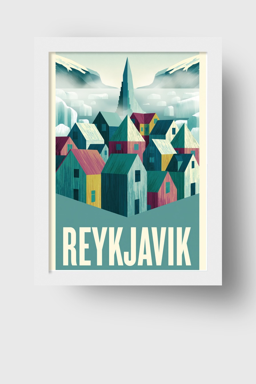 Illustration Poster Reykjavik Häuser bunt nordisch