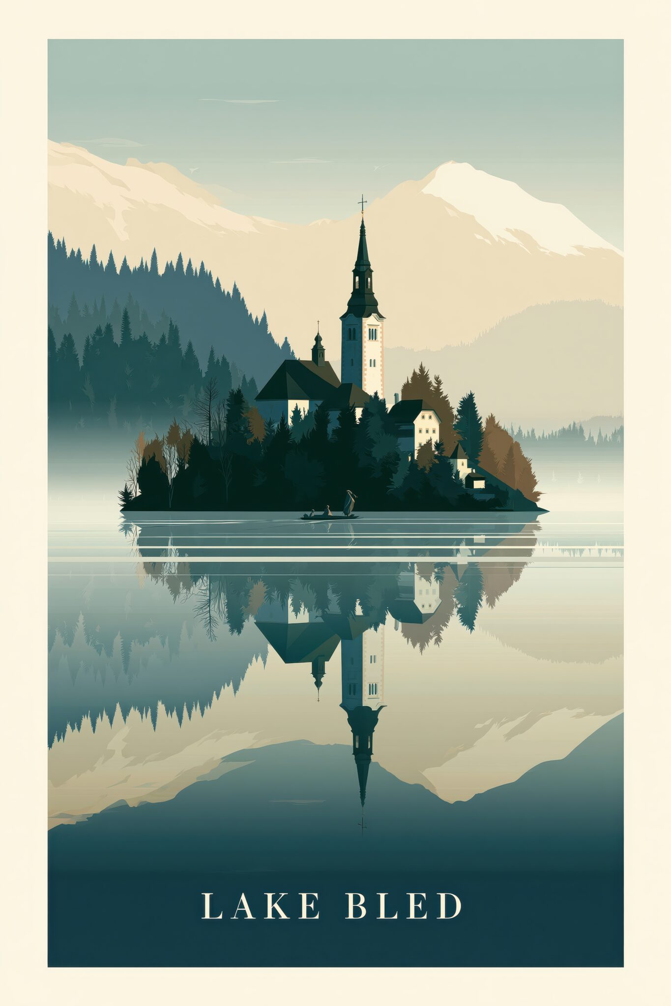 Grafik Poster Insel Kirche ruhige Spiegelung See blau grau