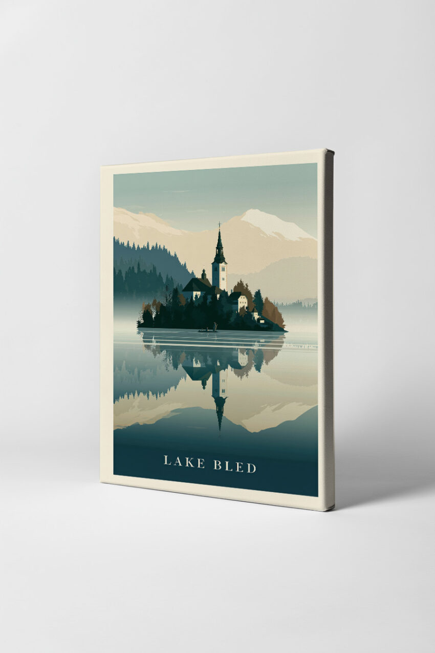 Grafik Poster Insel Kirche ruhige Spiegelung See blau grau