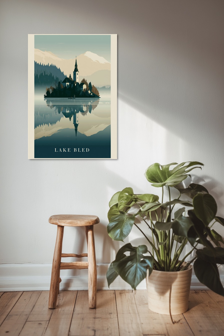 Grafik Poster Insel Kirche ruhige Spiegelung See blau grau