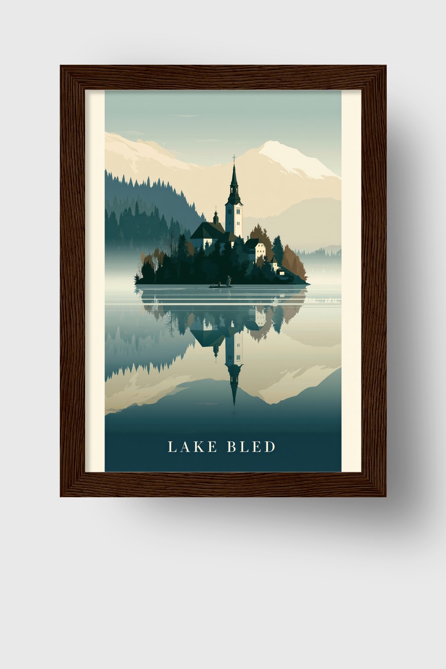 Grafik Poster Insel Kirche ruhige Spiegelung See blau grau