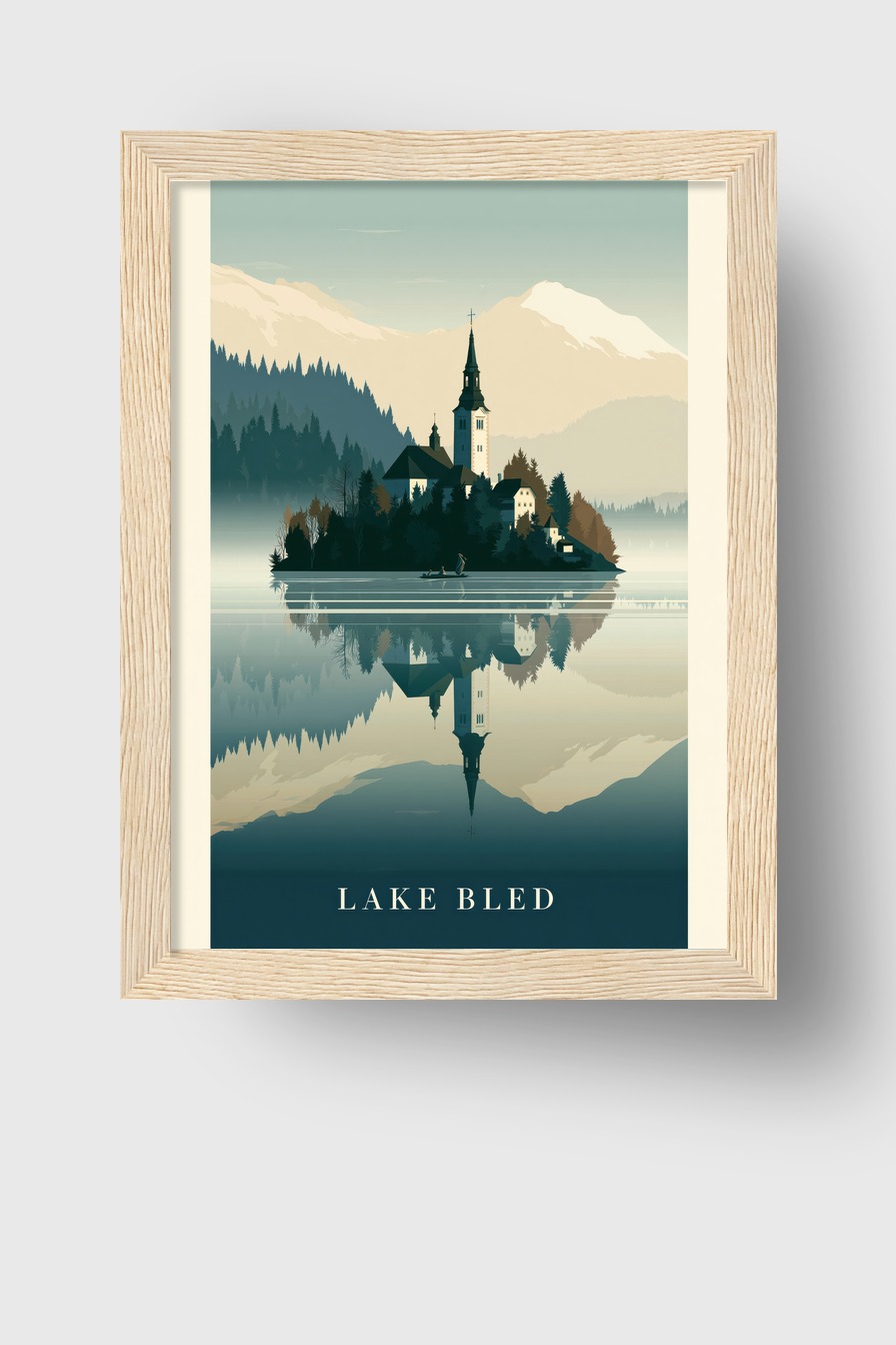 Grafik Poster Insel Kirche ruhige Spiegelung See blau grau