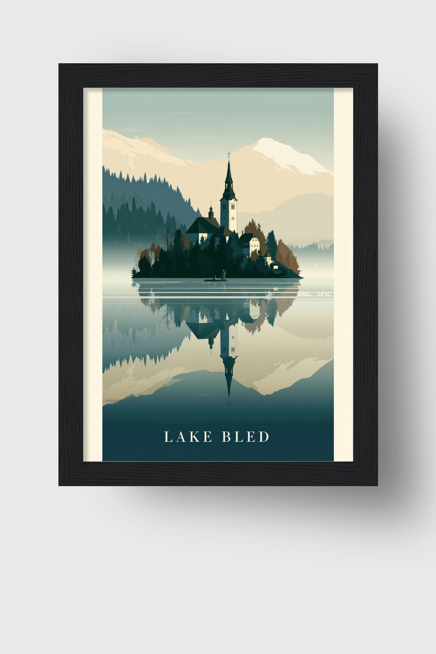 Grafik Poster Insel Kirche ruhige Spiegelung See blau grau