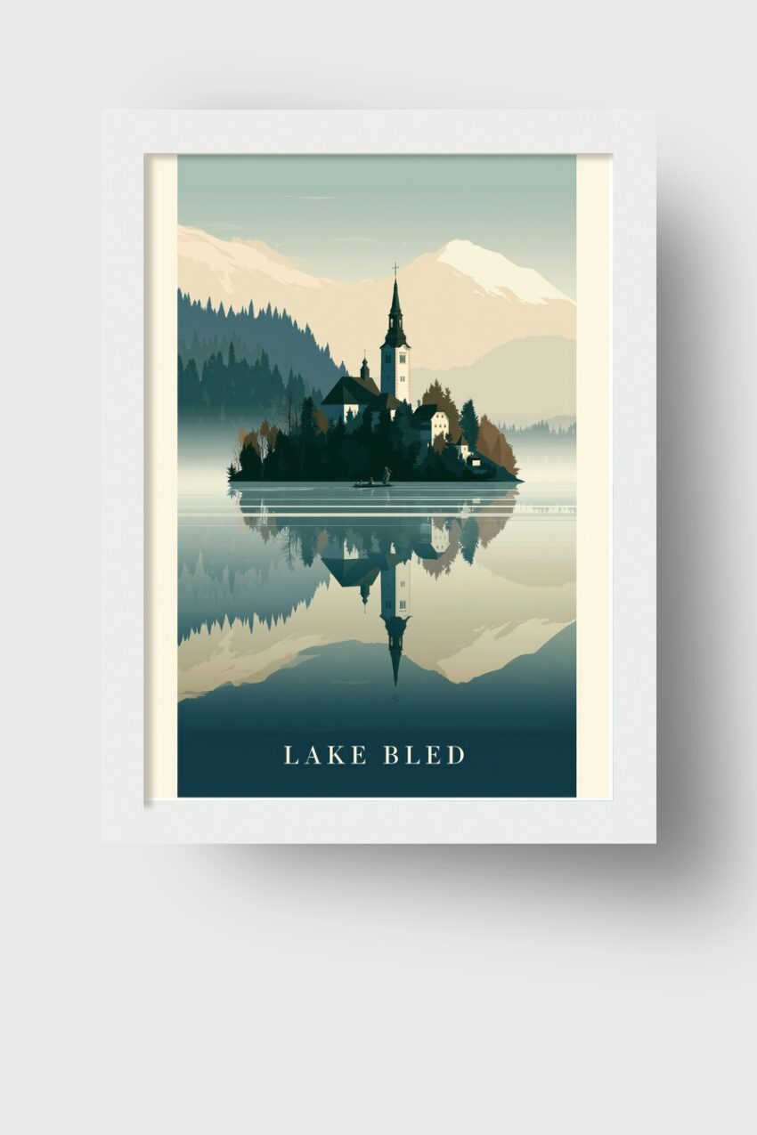 Grafik Poster Insel Kirche ruhige Spiegelung See blau grau