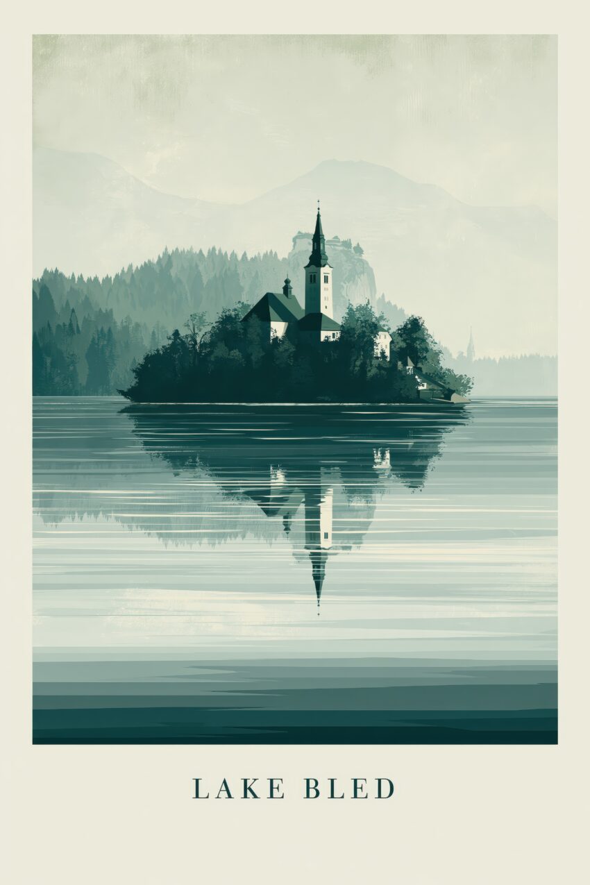 Illustration Poster Insel Kirche See Spiegelung grün-grau