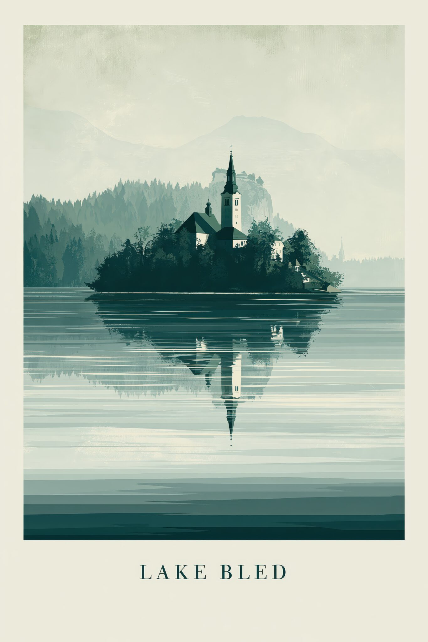 Illustration Poster Insel Kirche See Spiegelung grün-grau