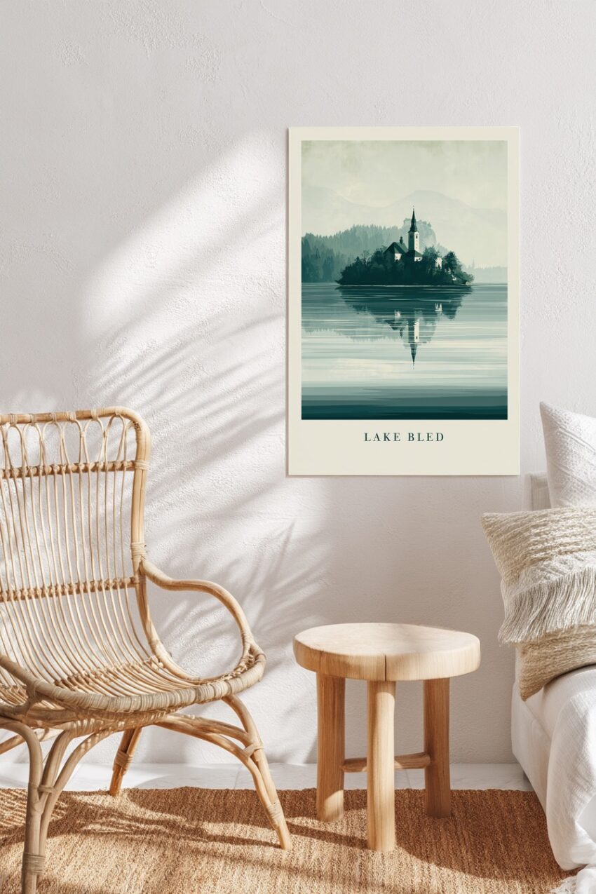 Illustration Poster Insel Kirche See Spiegelung grün-grau