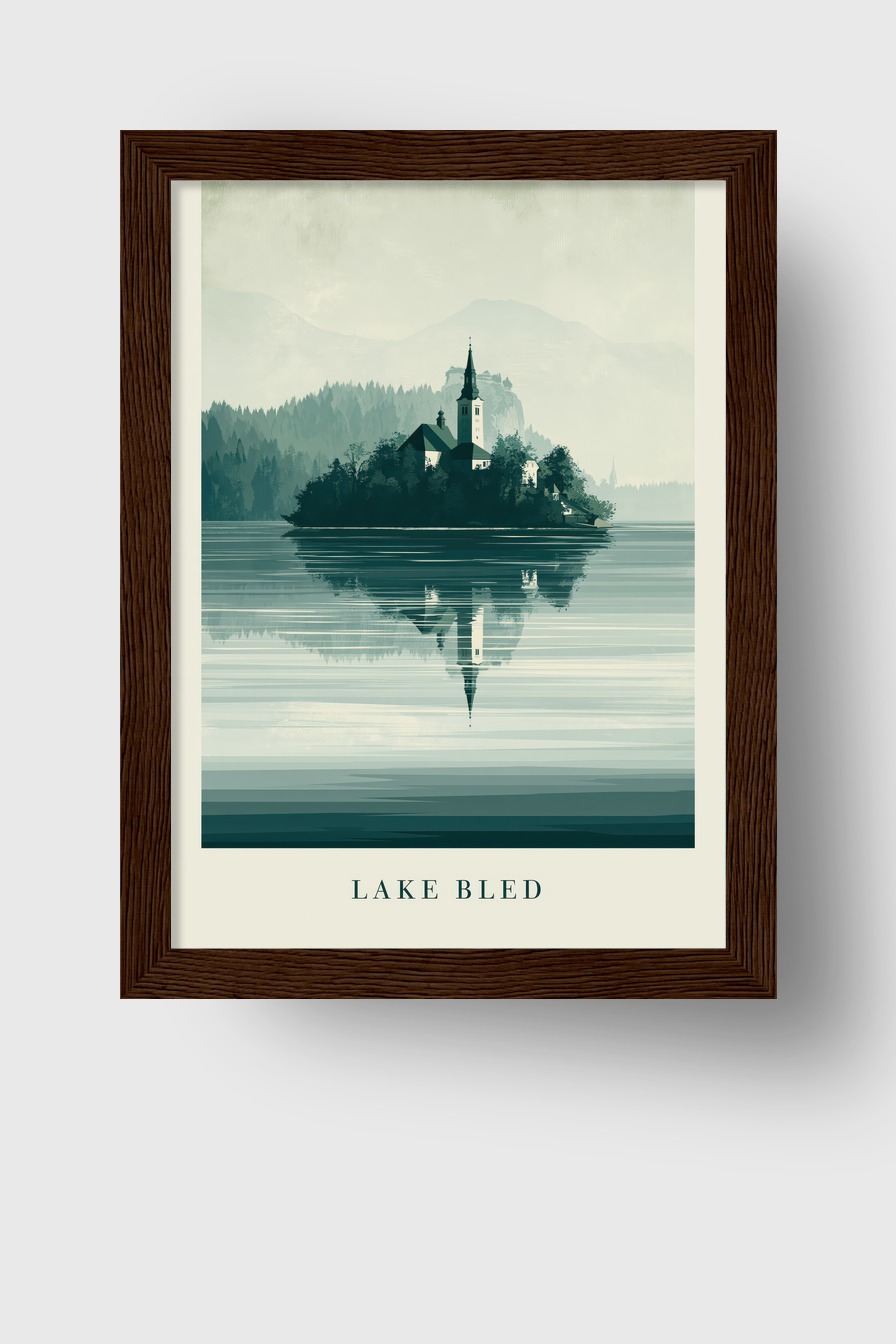 Illustration Poster Insel Kirche See Spiegelung grün-grau
