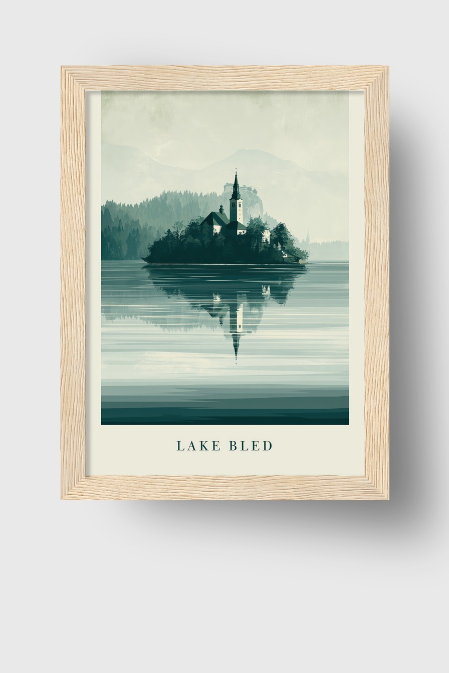 Illustration Poster Insel Kirche See Spiegelung grün-grau