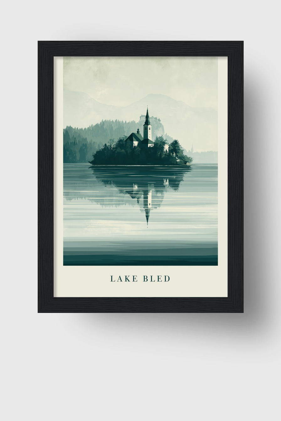 Illustration Poster Insel Kirche See Spiegelung grün-grau