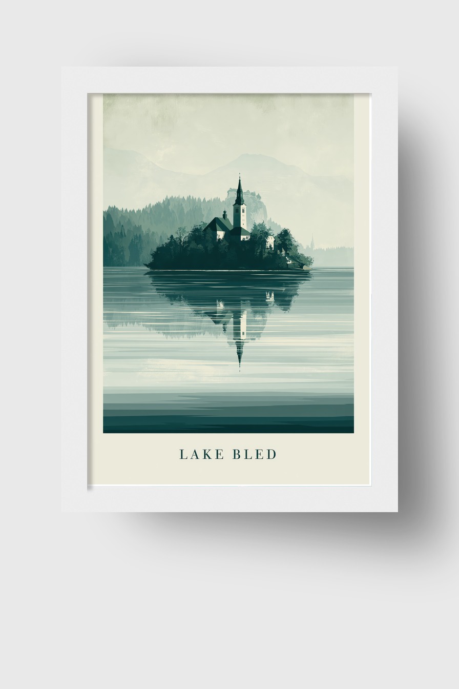 Illustration Poster Insel Kirche See Spiegelung grün-grau