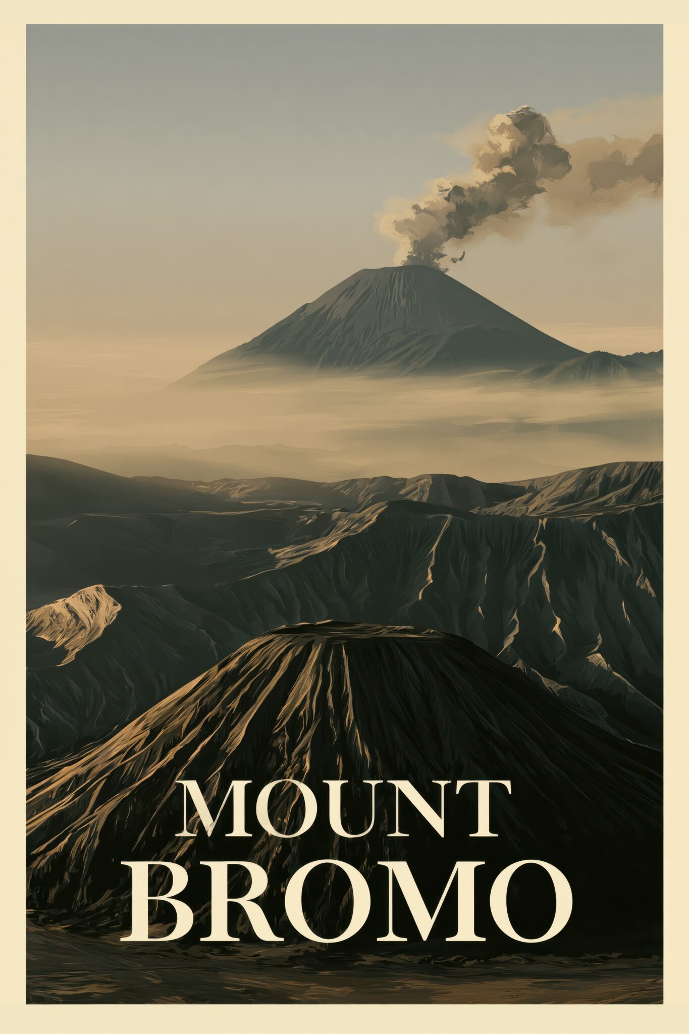 Illustration Poster Vulkan rauchend braun grau