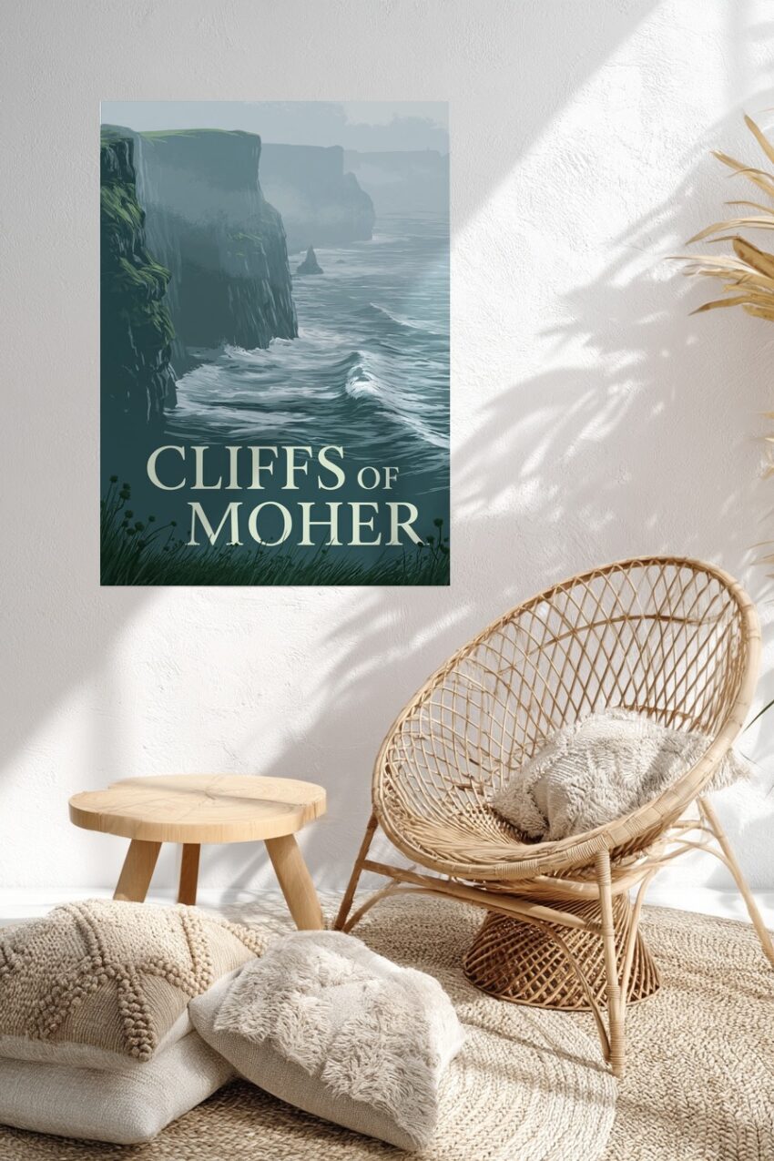 Illustration Poster Klippen Meer blau grau nebelig