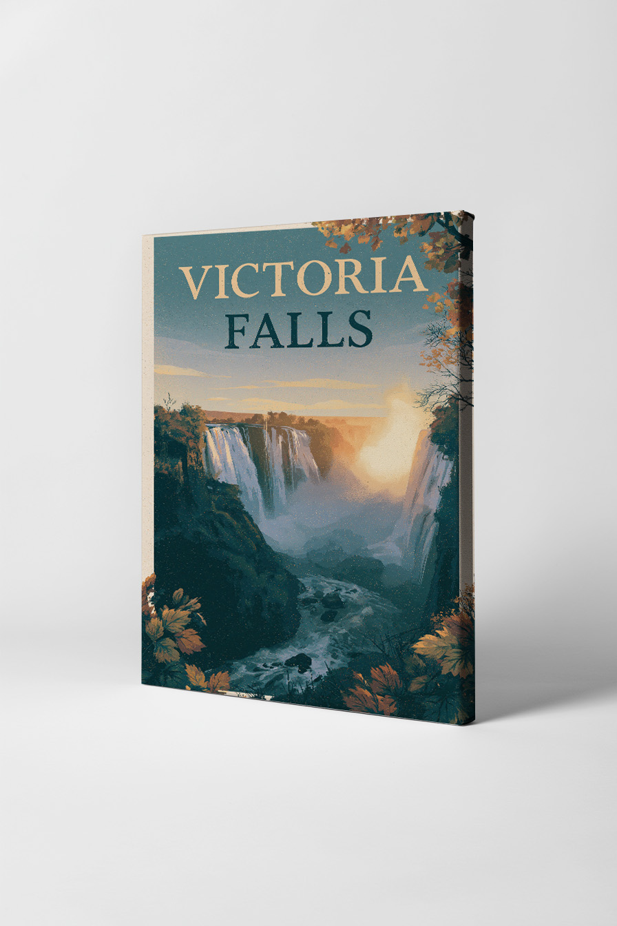 Illustration Poster Wasserfall Tal Nebel herbstlich