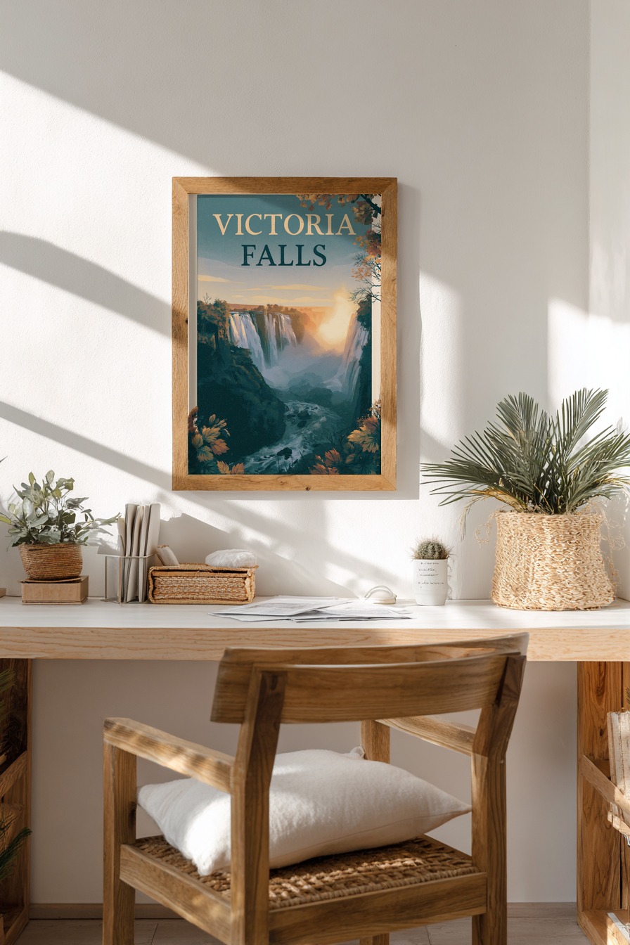 Illustration Poster Wasserfall Tal Nebel herbstlich