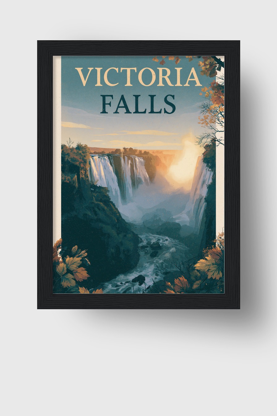 Illustration Poster Wasserfall Tal Nebel herbstlich