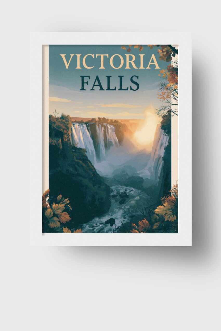 Illustration Poster Wasserfall Tal Nebel herbstlich