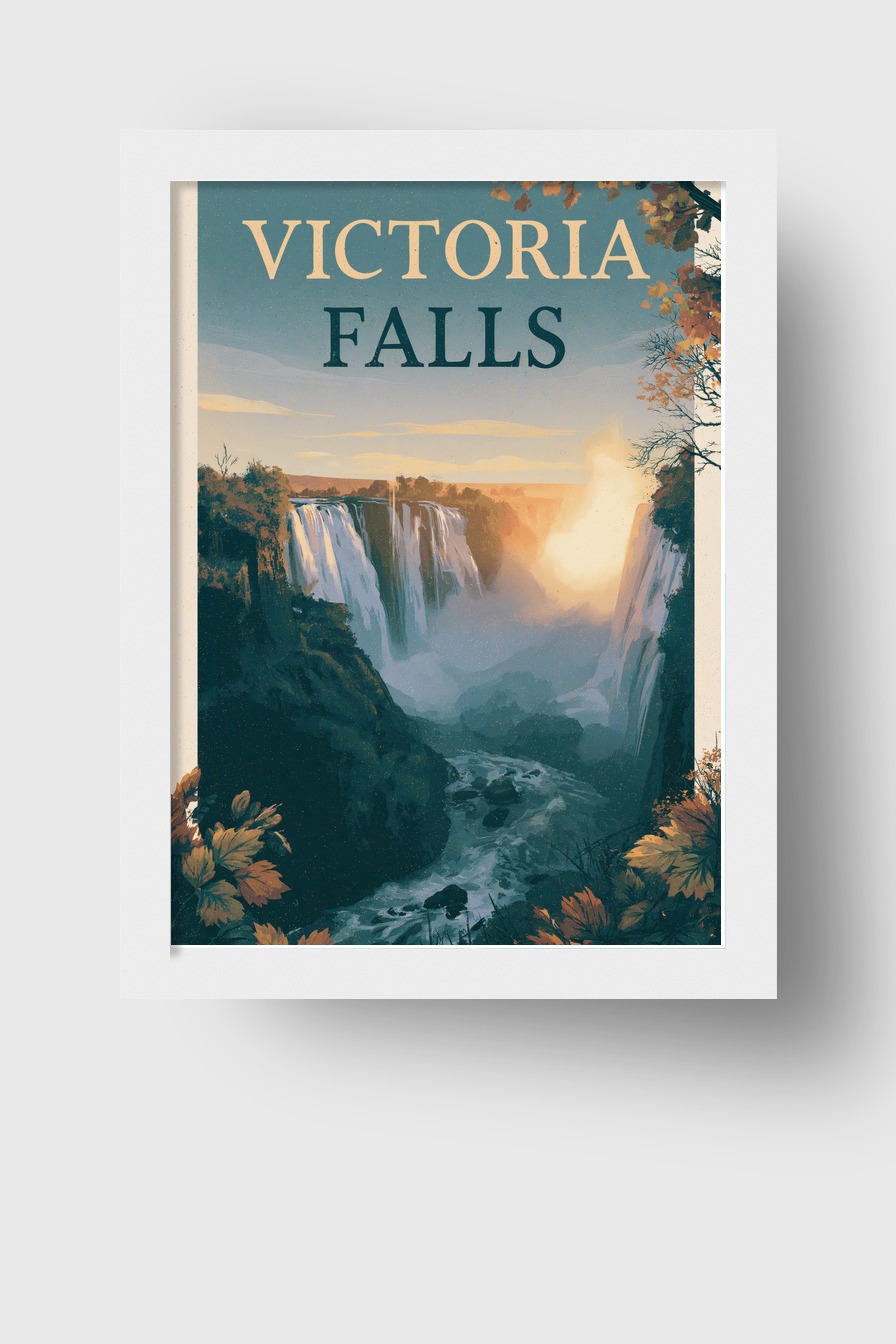 Illustration Poster Wasserfall Tal Nebel herbstlich