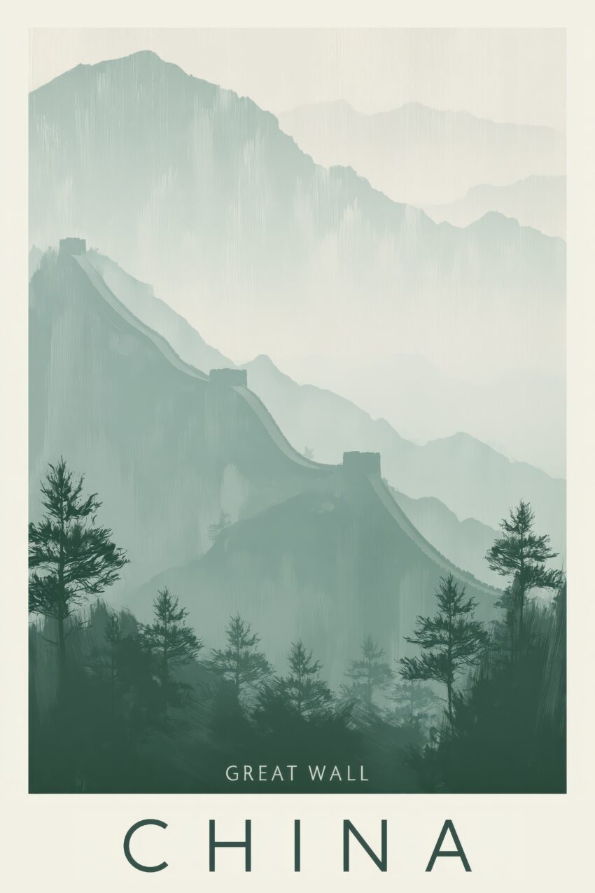 Illustration Poster Große Mauer Berge neblig grün