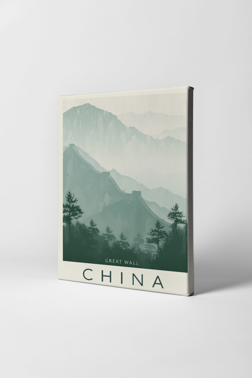 Illustration Poster Große Mauer Berge neblig grün