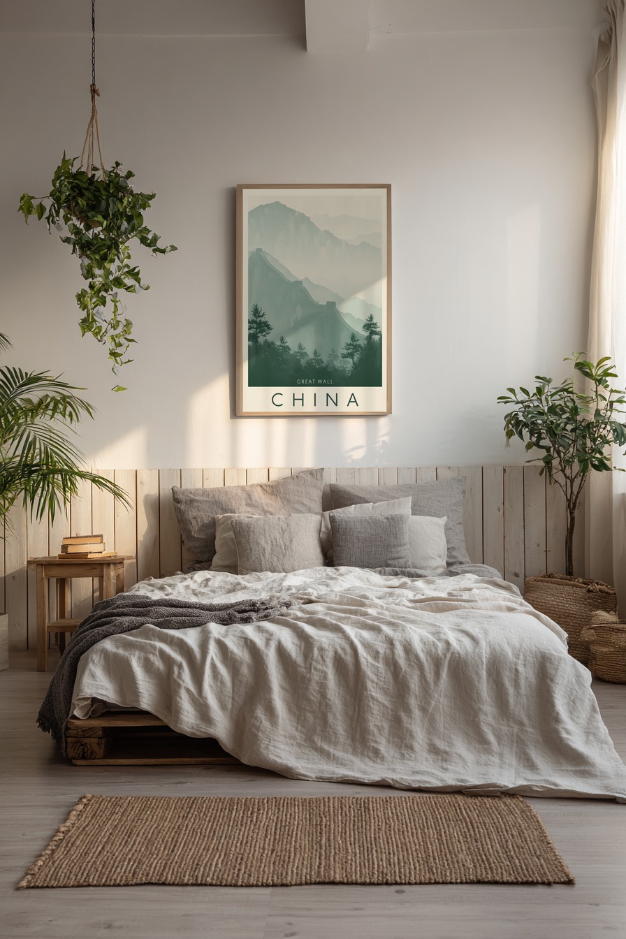 Illustration Poster Große Mauer Berge neblig grün