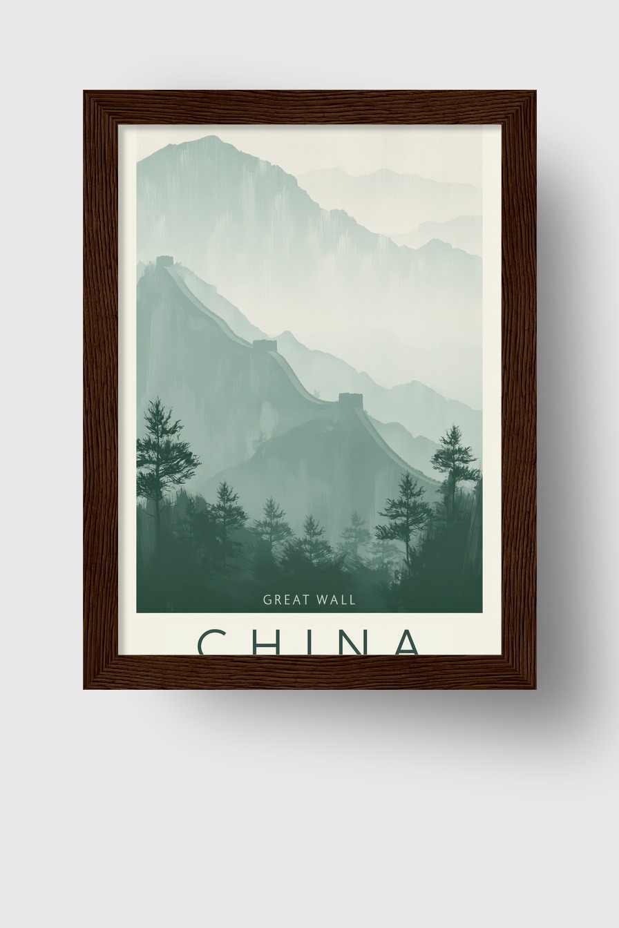 Illustration Poster Große Mauer Berge neblig grün