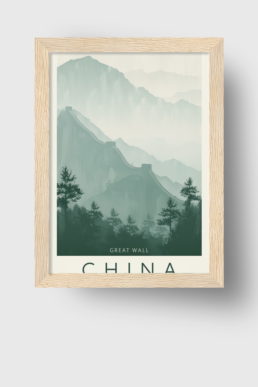 Illustration Poster Große Mauer Berge neblig grün