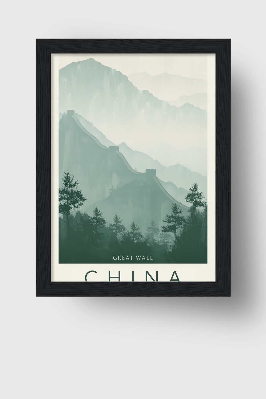 Illustration Poster Große Mauer Berge neblig grün