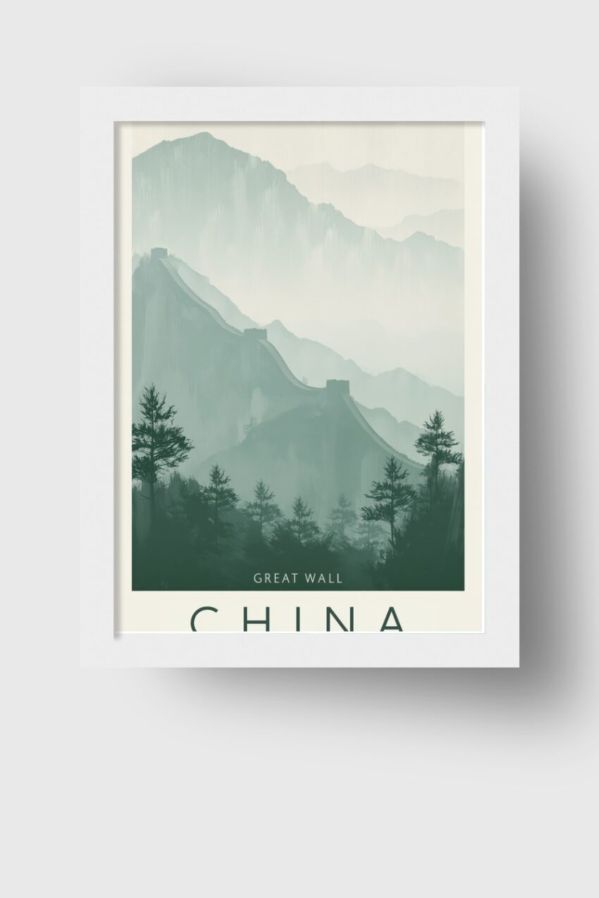 Illustration Poster Große Mauer Berge neblig grün