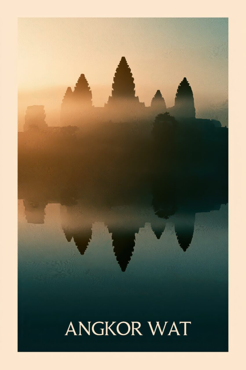 Fotografie Poster Angkor Wat Sonnenaufgang Spiegelung Nebel