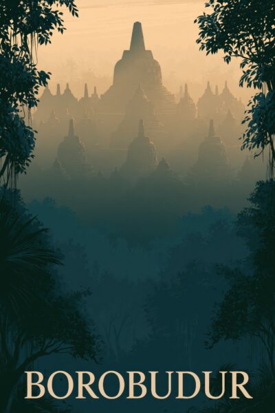 Borobudur im Morgennebel Gerahmt