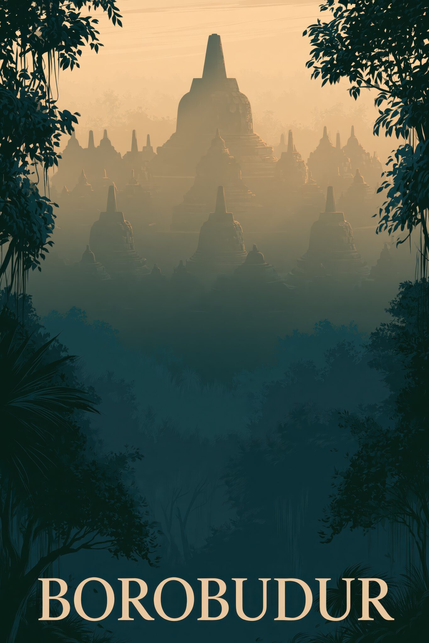 Digitale Kunst Poster Borobudur Tempel Mood nebelig goldgrün