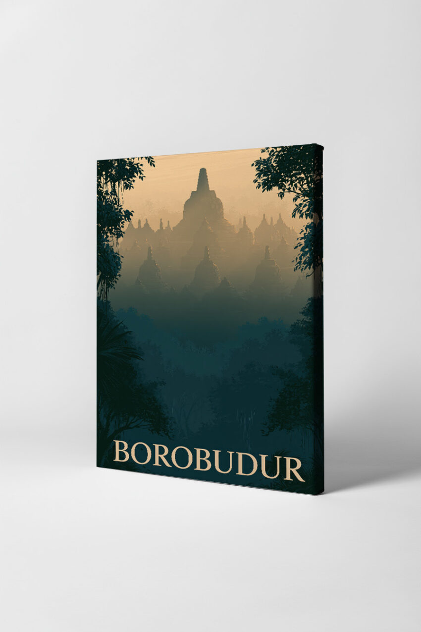 Digitale Kunst Poster Borobudur Tempel Mood nebelig goldgrün