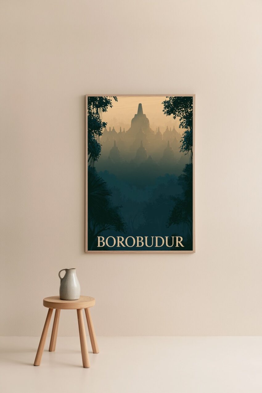 Digitale Kunst Poster Borobudur Tempel Mood nebelig goldgrün