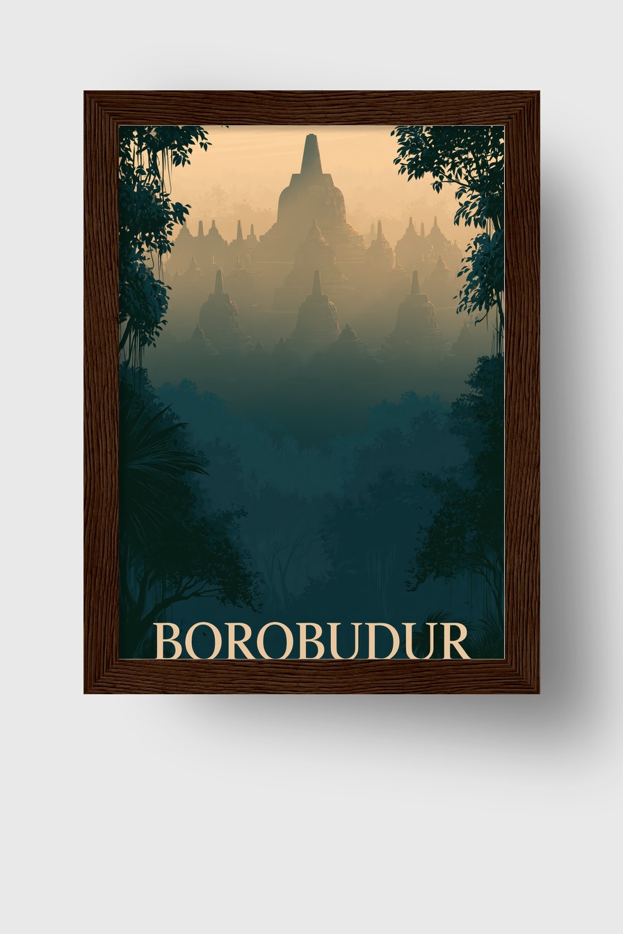 Digitale Kunst Poster Borobudur Tempel Mood nebelig goldgrün