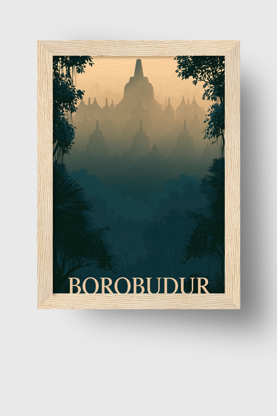 Digitale Kunst Poster Borobudur Tempel Mood nebelig goldgrün
