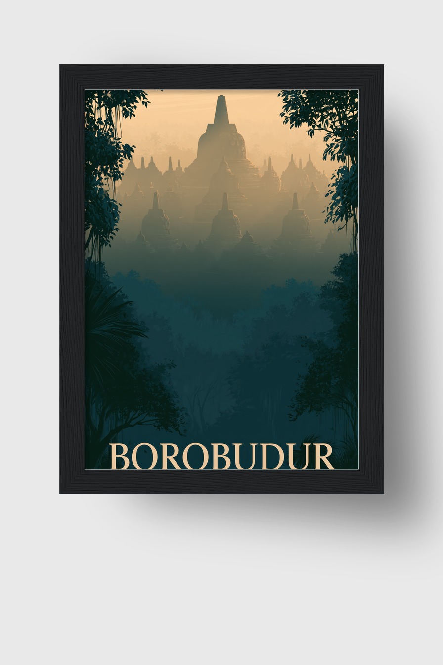 Digitale Kunst Poster Borobudur Tempel Mood nebelig goldgrün