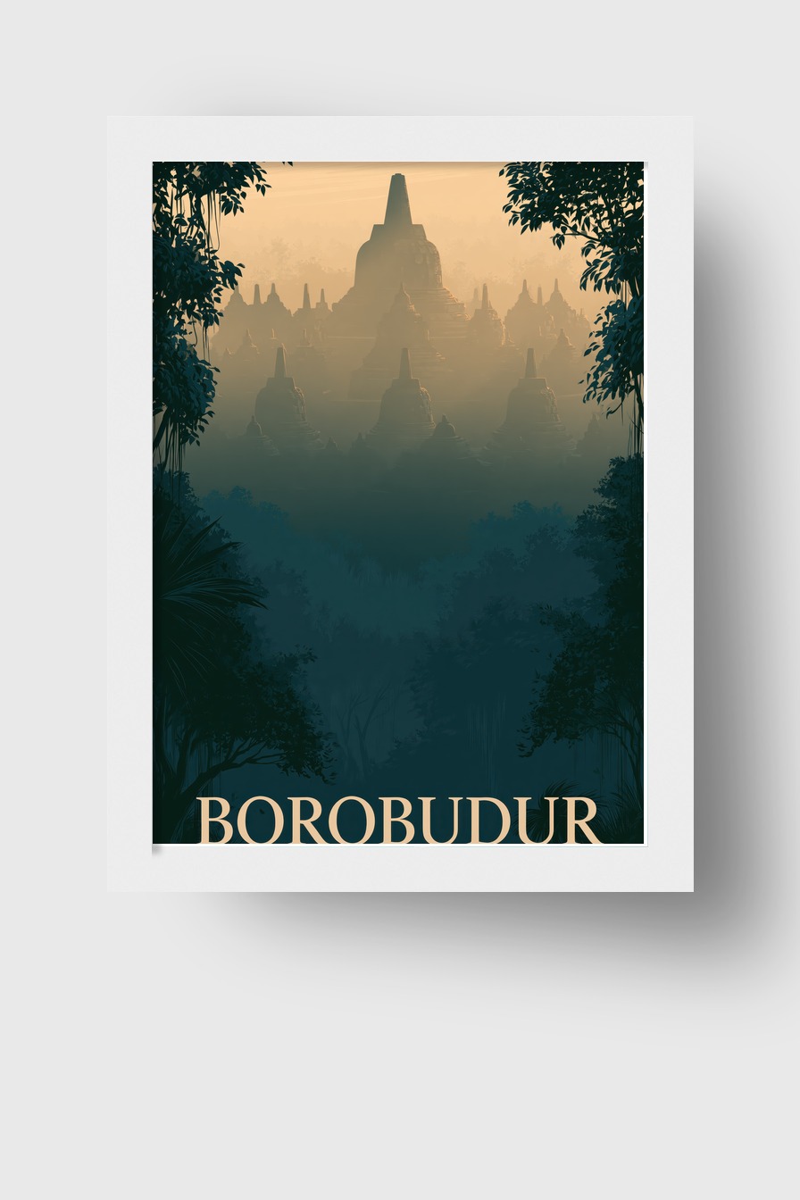 Digitale Kunst Poster Borobudur Tempel Mood nebelig goldgrün