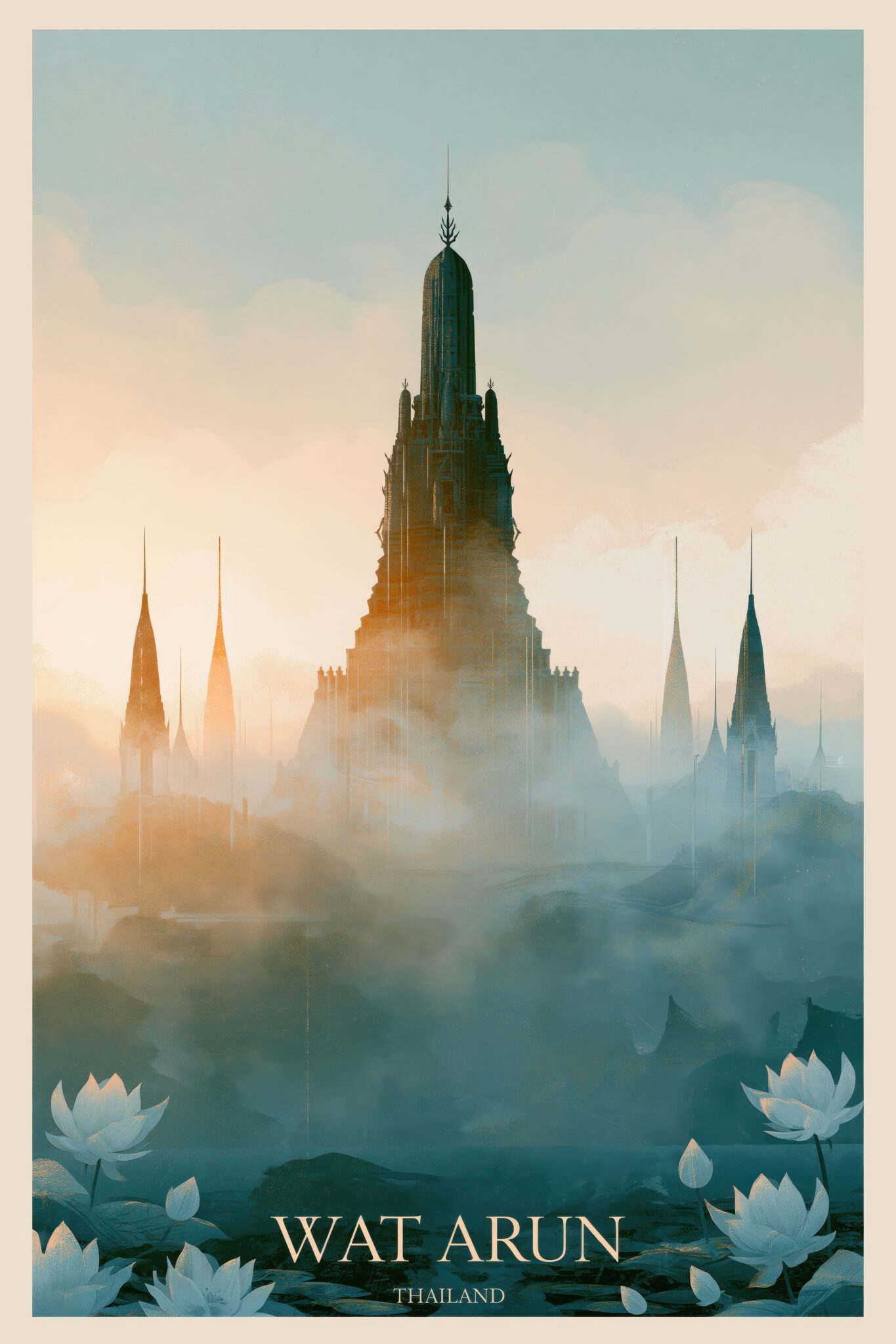 Illustration Poster Tempelspitze Nebel Lotusblüten minimal