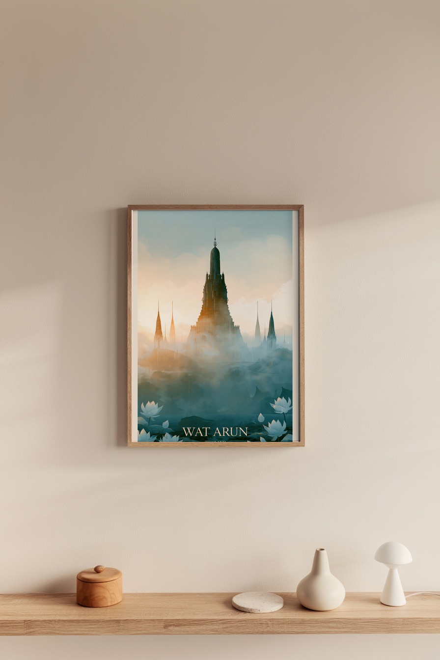 Illustration Poster Tempelspitze Nebel Lotusblüten minimal